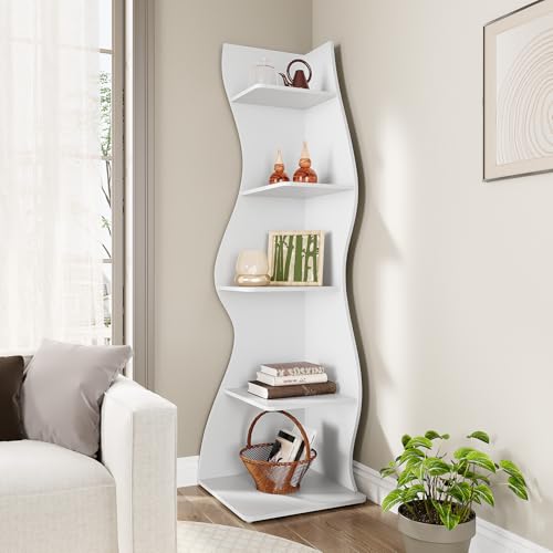 LITTLE TREE Small Corner Shelf, Modern 5-Tier Wall Corner Bookshelf, Stylish Bookcase Storage Rack for Small Space, Living Room, Bedroom