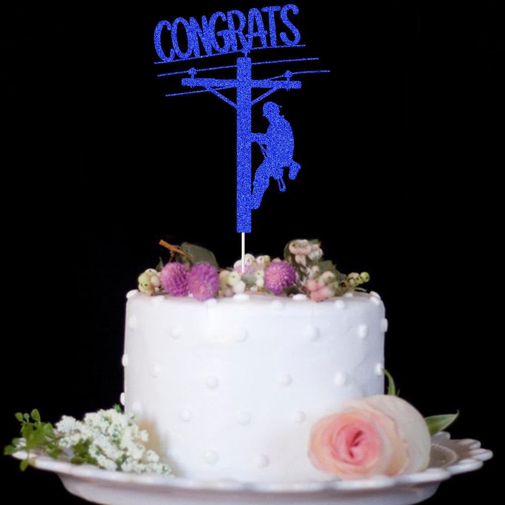 Congrats Grad Cake Topper, Congrats Electrician, Electrician Lineman Themed 2024 Graduation Party Decorations Blue Glitter