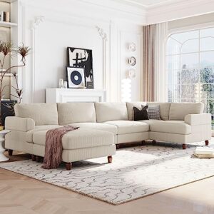 U-Shaped Oversized Corduroy Modular Sectional Sofa Couch with Movable Ottoman ,L/U 6 Seaters Free Combined Corner Sofa&Couch Convertible Spacious Sleeper Sofabed for Home Apartment Office Living Room