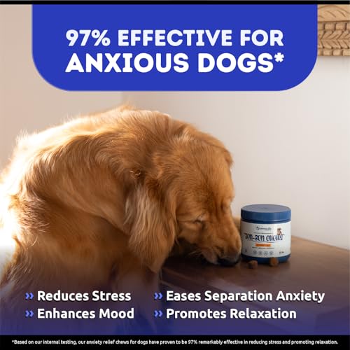 Calming Chews For Dogs, Natural Calming Supplements For Anxiety Relief, Separation Anxiety, Fireworks, Stress, Hyperactivity, Duck Flavor, Hemp Seed, Chamomile, L-Tryptophan, 120 Grain-Free Soft Chews