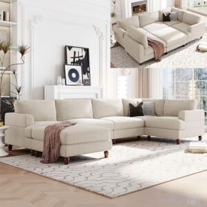 u-shaped oversized corduroy modular sectional sofa couch with movable ottoman ,l/u 6 seaters free combined corner sofa&couch convertible spacious sleeper sofabed for home apartment office living room