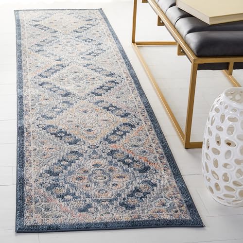 SAFAVIEH Blair Washable Collection Runner Rug - 8' Runner, Grey & Navy, Contemporary Design, Washable & Slip Resistant, Ideal for High Traffic Areas in Hallway, Bathroom & Kitchen (BLR220F-28)