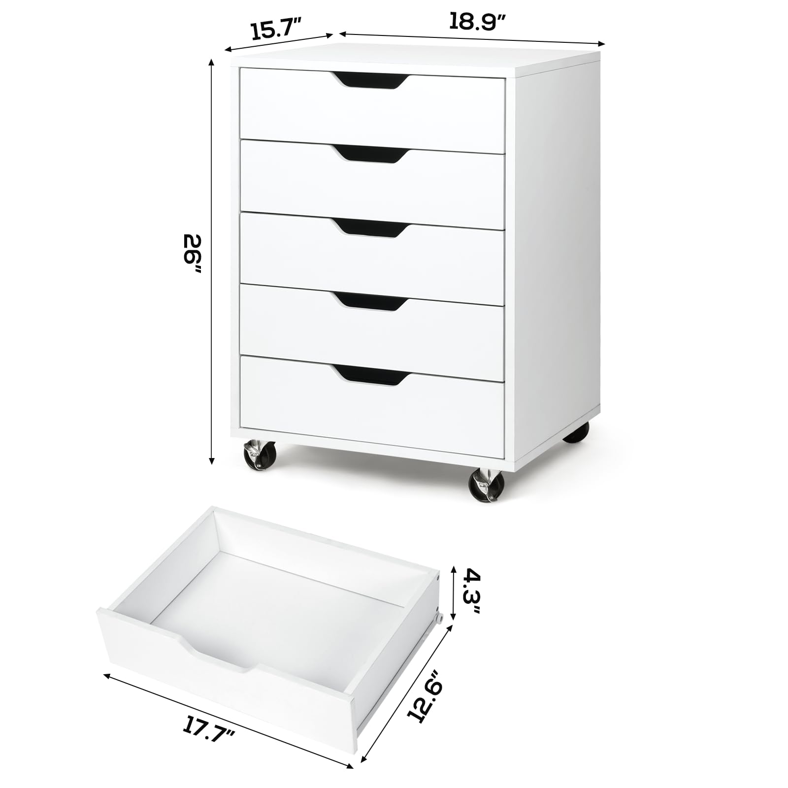 TUSY 5-Drawer Organizer, Tall Chest of Drawers with Caster Wheels, Alex Drawers File for Home Office, White