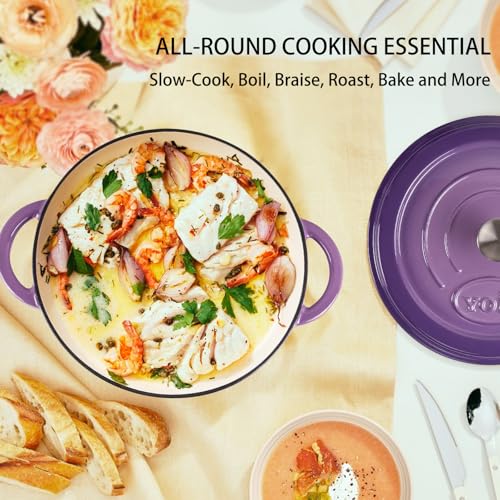 AILIBOO 6 QT Enameled Dutch Oven Pot with Lid-Dual Handles-Oven Safe up to 500° F or on Stovetop Use to Marinate, Cook, Bake, Refrigerate and Serve-Purple Dutch Oven 6 Quart