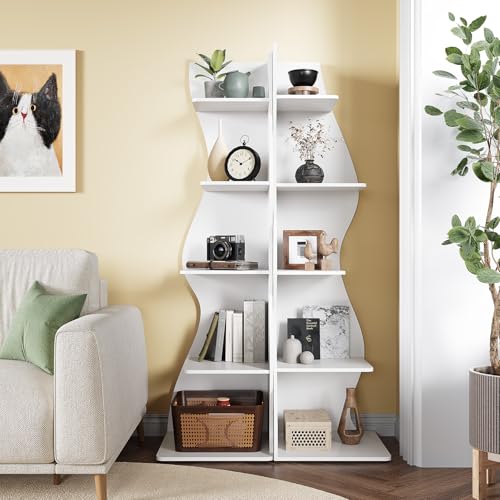 LITTLE TREE Small Corner Shelf, Modern 5-Tier Wall Corner Bookshelf, Stylish Bookcase Storage Rack for Small Space, Living Room, Bedroom