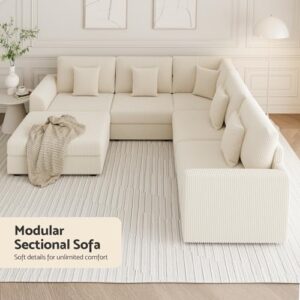 Modular Sectional Sofa, Oversized U Shaped Couch, Convertible Sleeper Sofa, 6 Seat Sofa with Chaise, Deep Seat Comfy Cloud Couch with Ottoman and Five Pillows for Living Room, Corduroy, Beige