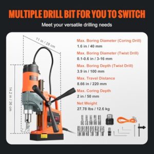 VEVOR Magnetic Drill, 1300W 1.6" Boring Diameter, 2922lbf/13000N 810 RPM Portable Electric Mag Drill Press, Drilling Machine for any Surface Home Improvement Industry Railway