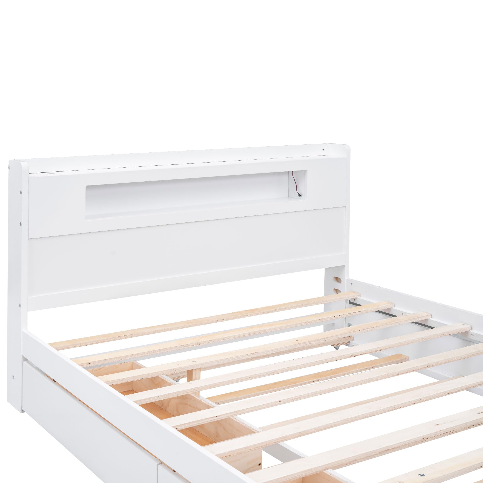 Okak Queen Size Bed Frame with Trundle - Wood Platform Bed with LED Lights Headboard 2 Storage Drawers and Twin Trundle Bed,White