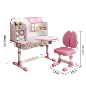 Small Desk, Standing Desk, Desk Chair Set, Height Adjustable Children School Study Table Chair Set with Astronaut Pattern, Ergonomic Desk Chair with Large Writing Board, Bookshelf and Drawer (Pink)