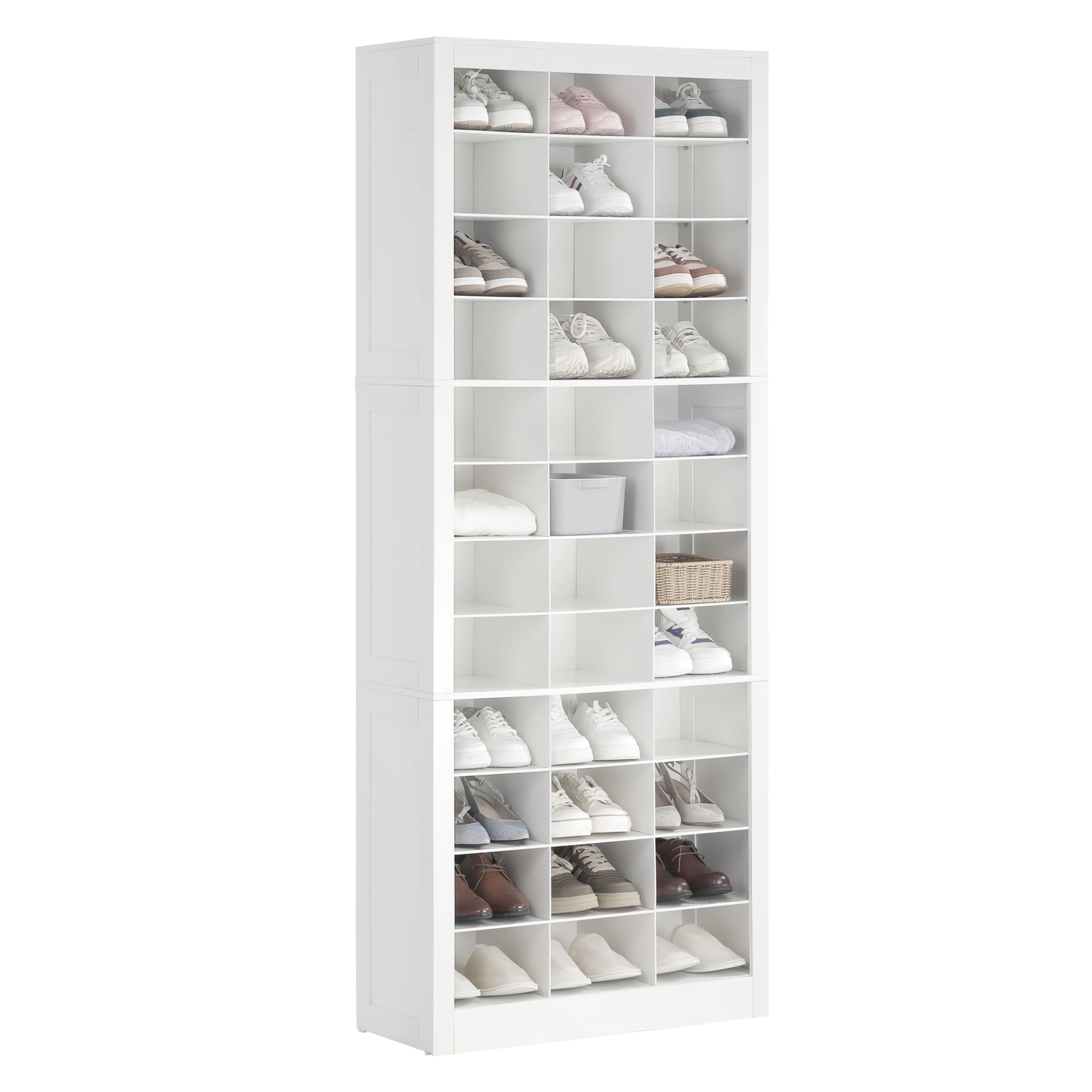 Hzuaneri Shoe Storage Cabinet, 36 Pairs Free Standing Closet Organizer, 8.8 inch Widened Cell Wood Shoe Organizer, 12 Tiers Vertical Space Saving Shoe Rack for Entryway, Bedroom, White SR20703X