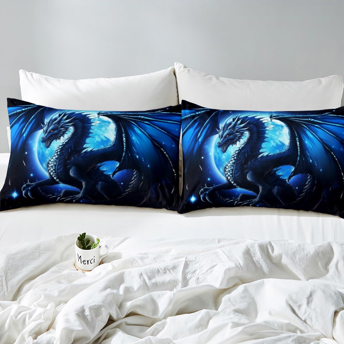 Dragon Fitted Sheet Twin Size,Starry Sky Moon Night Bedding Set 2Pcs for Kids Boys Teens Men Room Decor,3D Animals Bed Sheet Western Dragon Black Blue Deep Pocket Sheet,1 Pillowcase