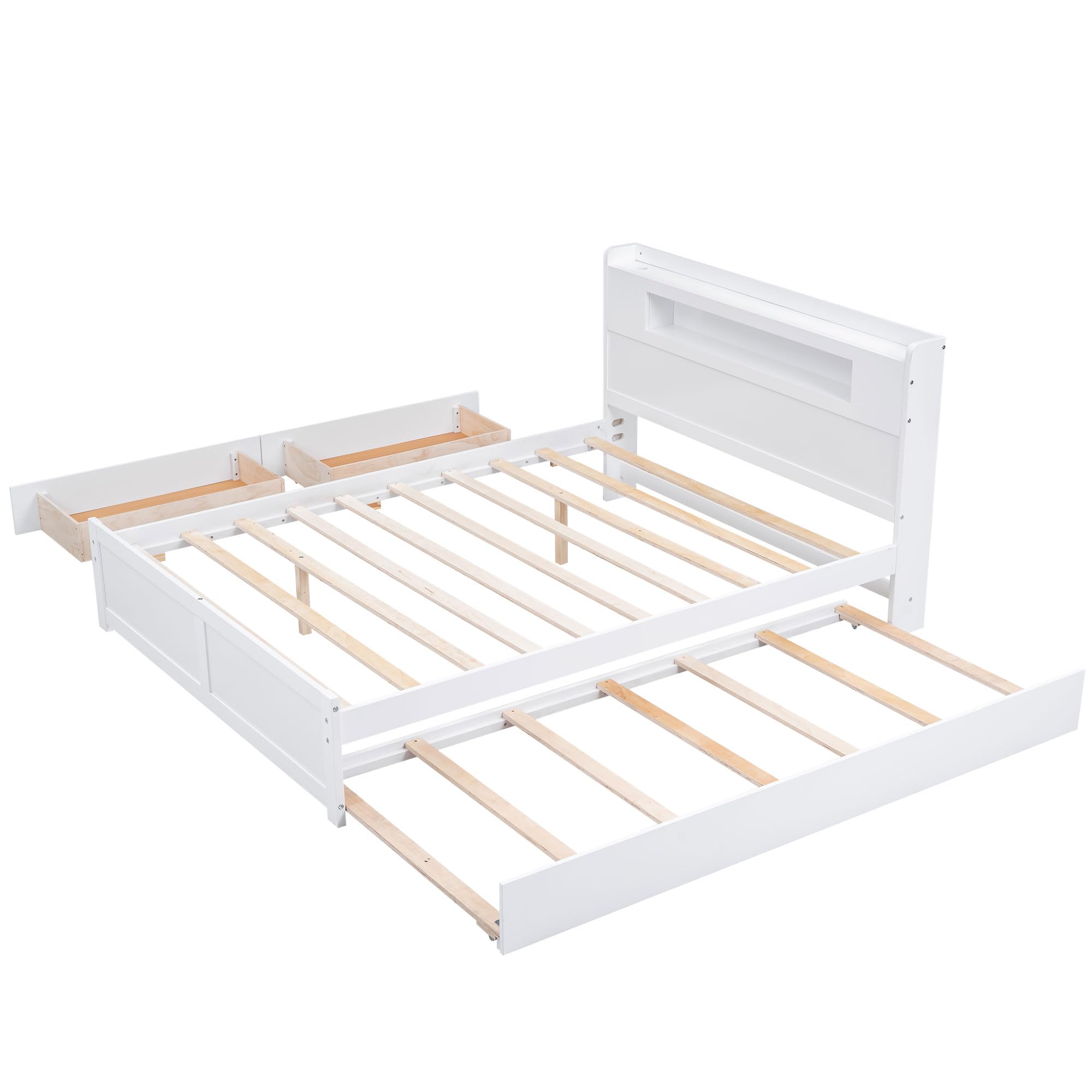 Okak Queen Size Bed Frame with Trundle - Wood Platform Bed with LED Lights Headboard 2 Storage Drawers and Twin Trundle Bed,White