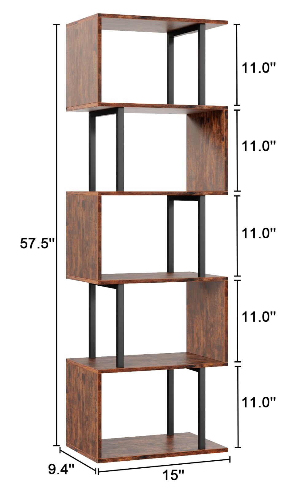 Furologee 6-Tier Bookshelf, Tall S-Shaped Geometric Bookcase, Industrial Freestanding Display Shelf Unit, Wood and Metal Decorative Room Divider for Living Room Bedroom, Home Office, Rustic Brown