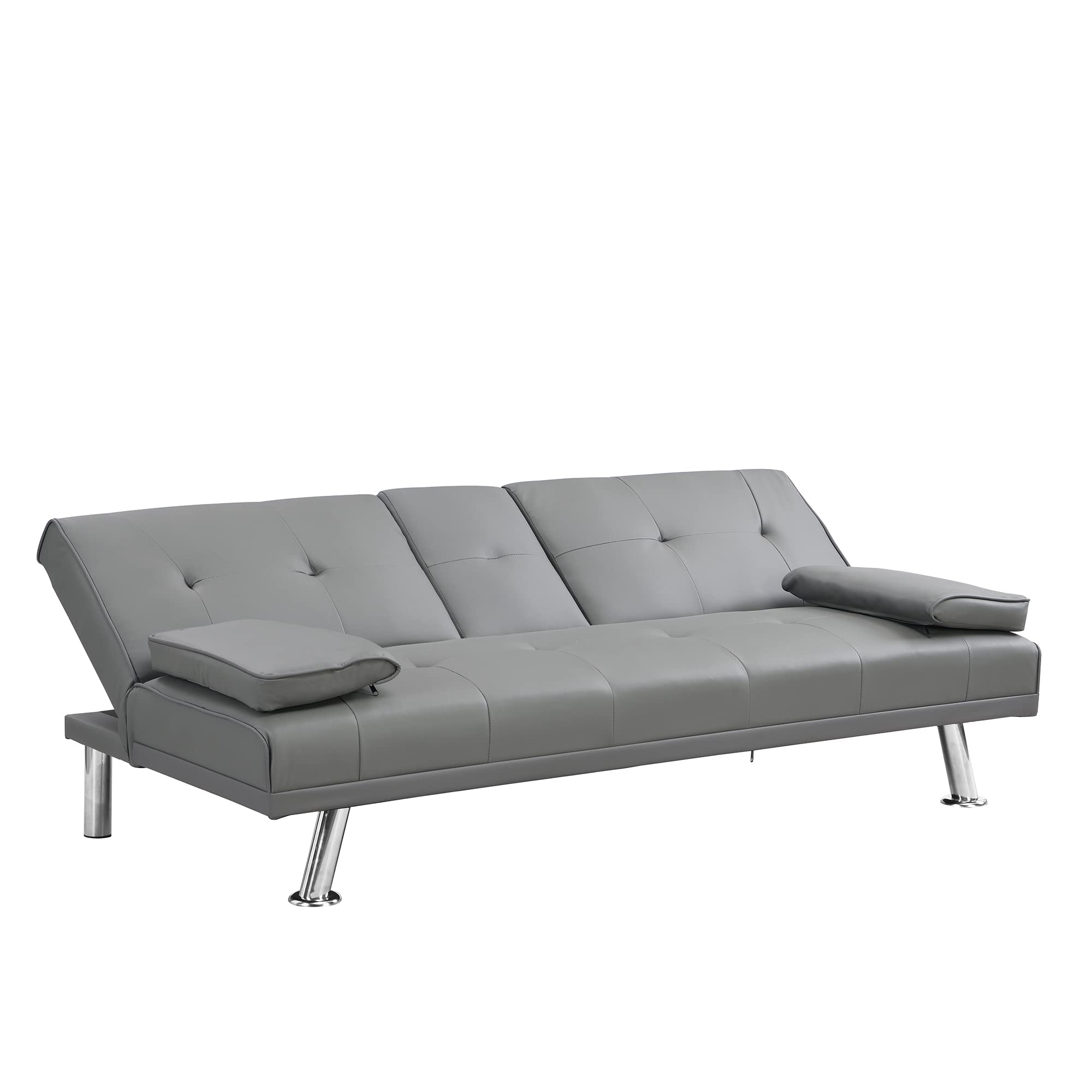 OUUI Futon Sofa Bed Modern Faux Leather Couch, Convertible Folding Futon Couch Recliner Lounge for Living Room with 2 Cup Holders with Armrest (Leather, Grey)