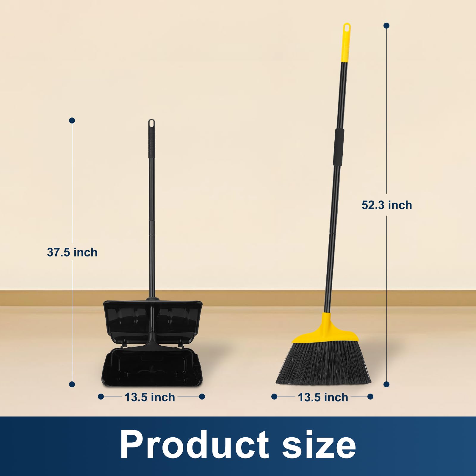 Indoor/Outdoor Heavy Duty Broom and Dustpan Set,Upright Plastic Commercial Dust Pan with 2 Brooms Perfect for Sweeping Courtyard Garage Lobby Kitchen Office Mall Market Shop Floor