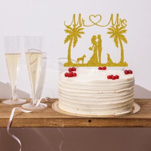 Mr & Mrs Cake Topper Tropical Wedding Cake Decorations Palm Tree Hawaii Beach Wedding Party Supplies Bride & Groom with Dogs Gold Glitter