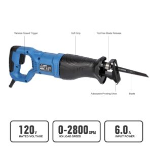 G LAXIA Reciprocating Saw, 6Amp 2800RPM Variable Speed Reciprocating Saw with 4/5"(20mm) Stroke Length, 3Pcs Blades for Wood, Soft Metal, PVC Pipe Cutting