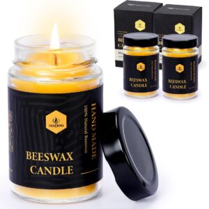 set of 2 beeswax natural scent jar candle in glass container, natural organic candle smokeless clean burn | 36 * 2 hours burning time emergency candle, yellow