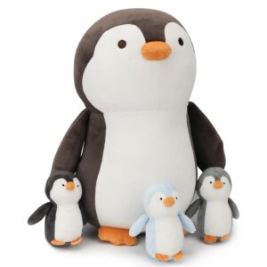 mmguai 4pcs penguin plush pillow, giant penguins stuffed animal mommy 16 inch with 3 baby penguin plushies in tummy, gifts for kids girls boys, halloween, christmas, birthdays