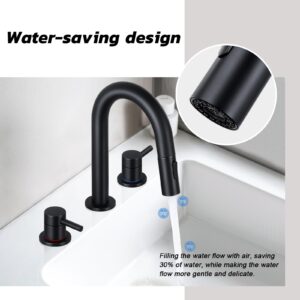 HGN Widespread Bathroom Faucet 3 Hole 8 inch Bathroom Sink Faucet with Pull Down Sprayer Pull Out Bathroom Faucet with Pop-Up Drain 2 Handle Black Bathroom Faucet