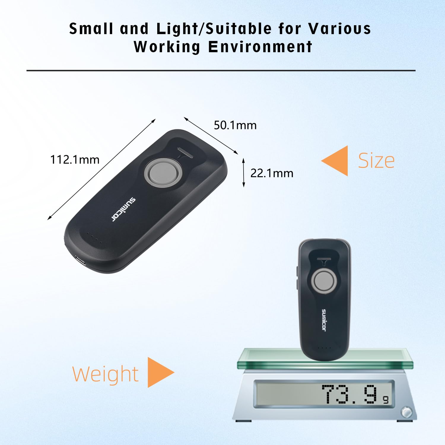 Sumicor Portable 2D Bluetooth Barcode Scanner, 1500mAh Rechargeable Battery with Level Indicator ＆ Volume Keys, 3-in-1 Bluetooth & USB Wired & 2.4G Wireless Mini QR Barcode Scanner