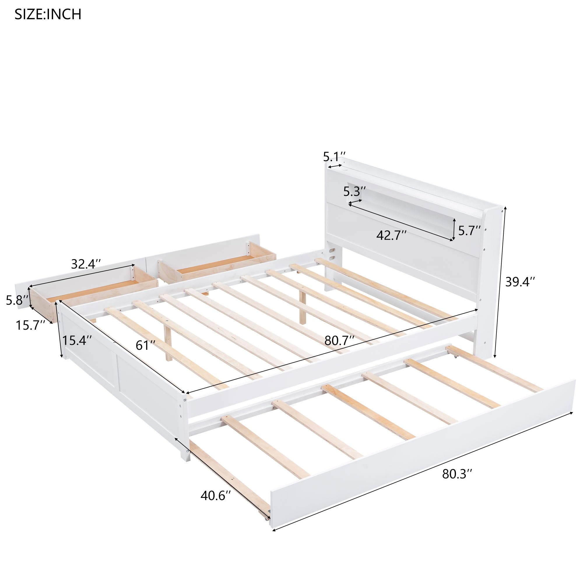 Okak Queen Size Bed Frame with Trundle - Wood Platform Bed with LED Lights Headboard 2 Storage Drawers and Twin Trundle Bed,White