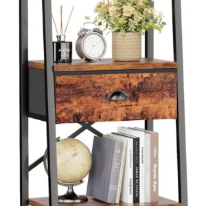 Furologee 5 Tier Ladder Shelf with Drawer, Tall Bookshelf Storage Shelves, Bookcase Standing Shelf Units, Industrial Open Display Shelves Organizer for Bedroom, Living Room, Kitchen, Rustic Brown