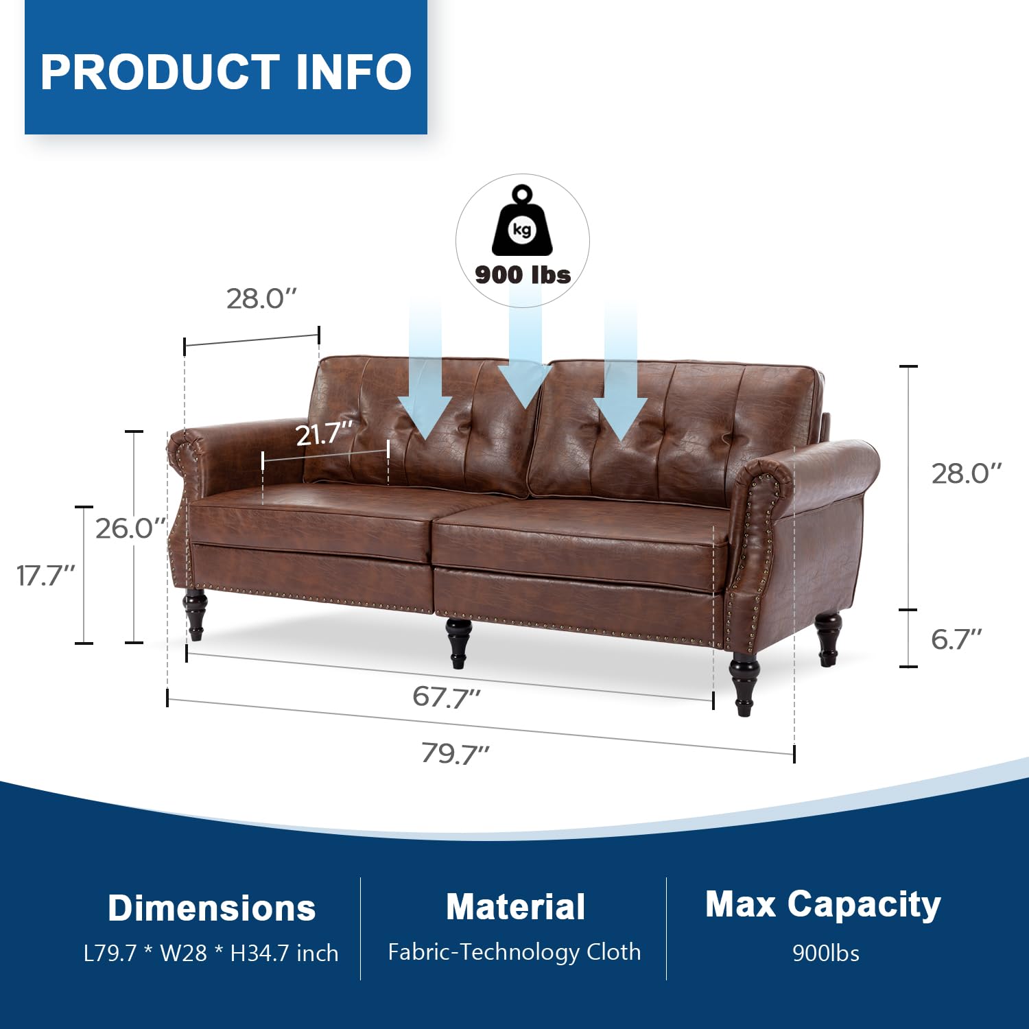 DIFY 80” Leather Faux Loveseat Sofa, Mid-Century Modern Couch with Soft Cushion and Firm Structure, Perfect Furniture for Living Room, Bedroom, Small Space.(Dark Brown)