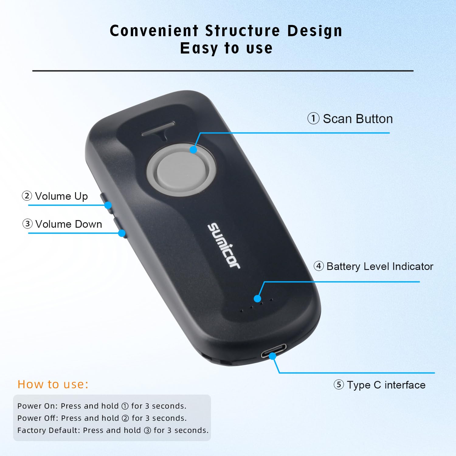 Sumicor Portable 2D Bluetooth Barcode Scanner, 1500mAh Rechargeable Battery with Level Indicator ＆ Volume Keys, 3-in-1 Bluetooth & USB Wired & 2.4G Wireless Mini QR Barcode Scanner