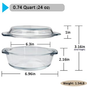 Small Glass Casserole Dish With Glass Lid, 0.7L Covered Glass Microwavable Bowl Oven Safe, Easy Grab Glass Baking Dish for Oven