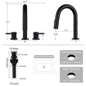 HGN Widespread Bathroom Faucet 3 Hole 8 inch Bathroom Sink Faucet with Pull Down Sprayer Pull Out Bathroom Faucet with Pop-Up Drain 2 Handle Black Bathroom Faucet