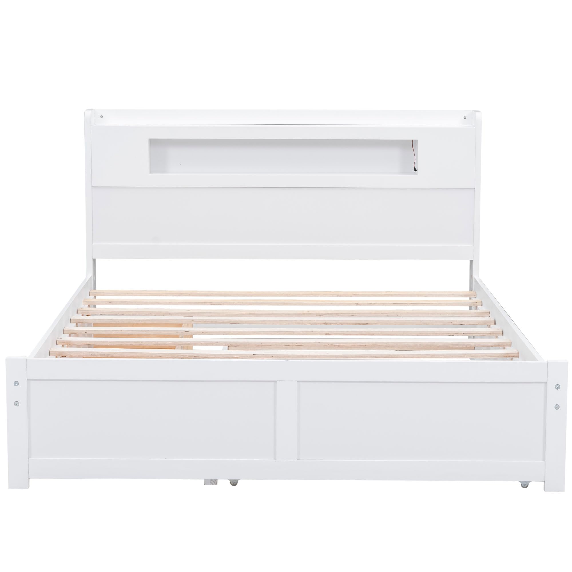 Okak Queen Size Bed Frame with Trundle - Wood Platform Bed with LED Lights Headboard 2 Storage Drawers and Twin Trundle Bed,White