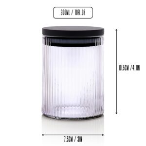 Mason & Fable Ribbed Glass Bathroom Jars with Airtight Black Bamboo Lids | Cotton Pad/Swab/Q tip Holder | Bath Salt/Small Makeup/Clear Vanity Apothecary Storage Canister Organizer – 10 fl oz, Set of 2