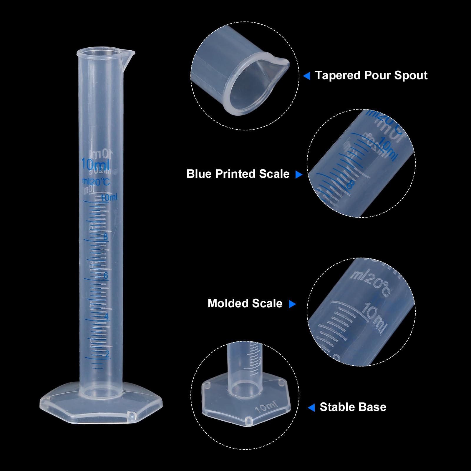 uxcell Plastic Graduated Cylinder, 10ml Measuring Cylinder, Test Tube Beakers, 2-Sided Metric Marking, Clear Hex Base for Lab Home 10Pcs