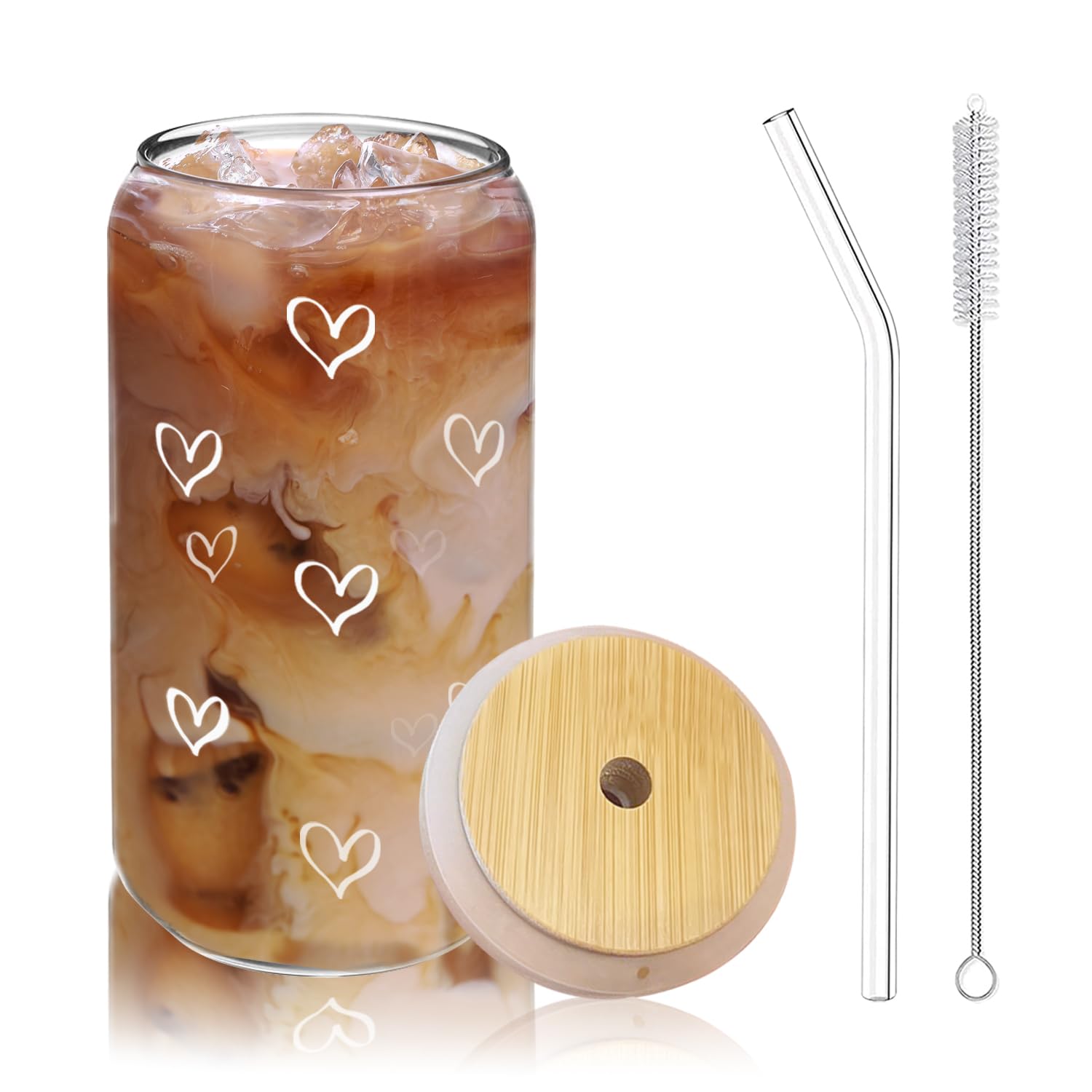 Heart Patterened Iced Coffee Cup with Bamboo Top + Glass Straw | 16oz Can Shaped Glass | Smoothie Glass | Cute Tumbler Cup