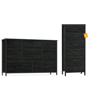 furnulem tall dresser with 6 drawers and wide dresser with 9 large drawers for 55'' long tv stand for bedroom,living room,closet,entryway,sturdy metal frame (black oak