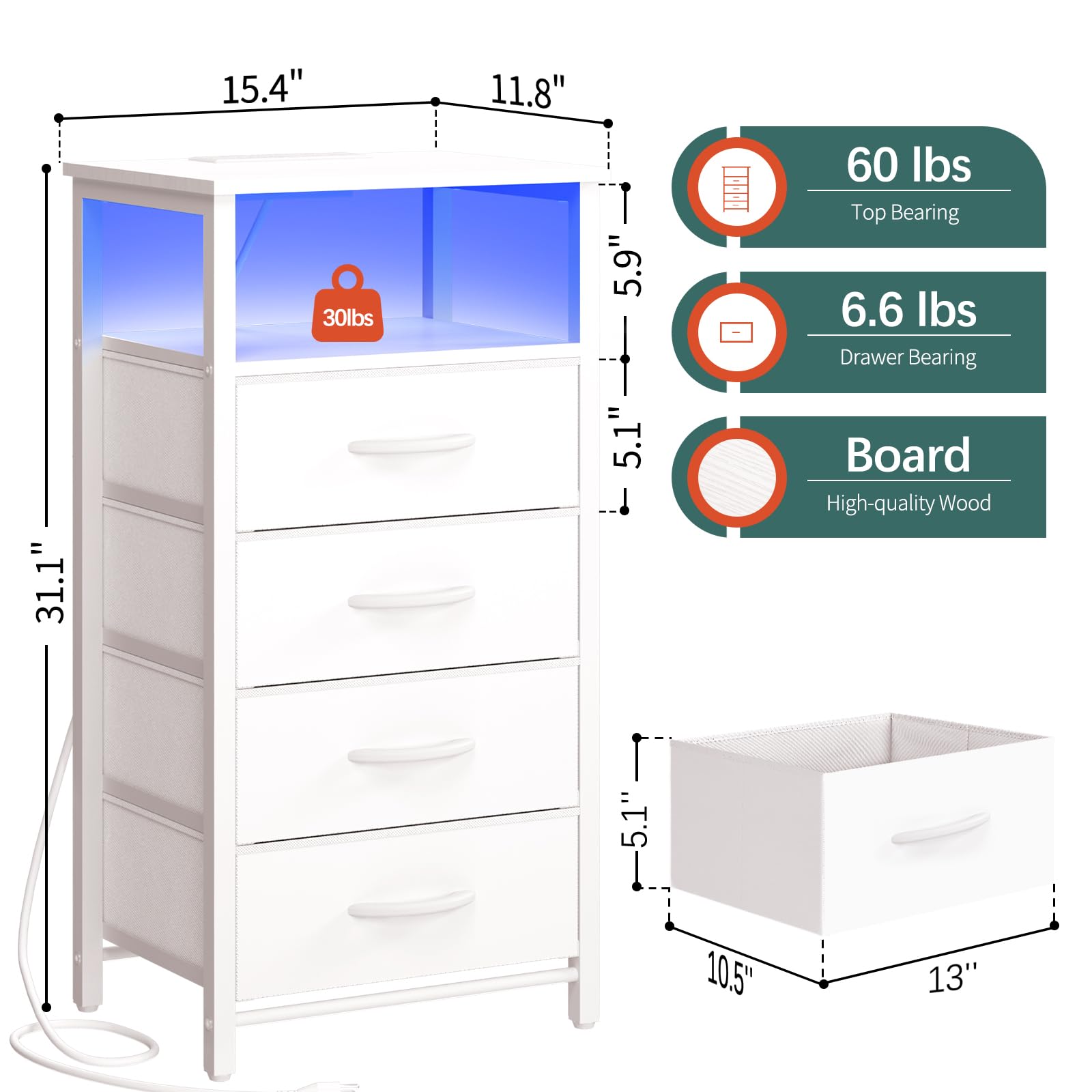 Yoobure Night Stand - LED White Nightstand with Charging Station, Bedside Table with 4 Storage Drawers and Storage Shelf, End Table with USB Ports and Outlets, Tall Dresser for Bedroom