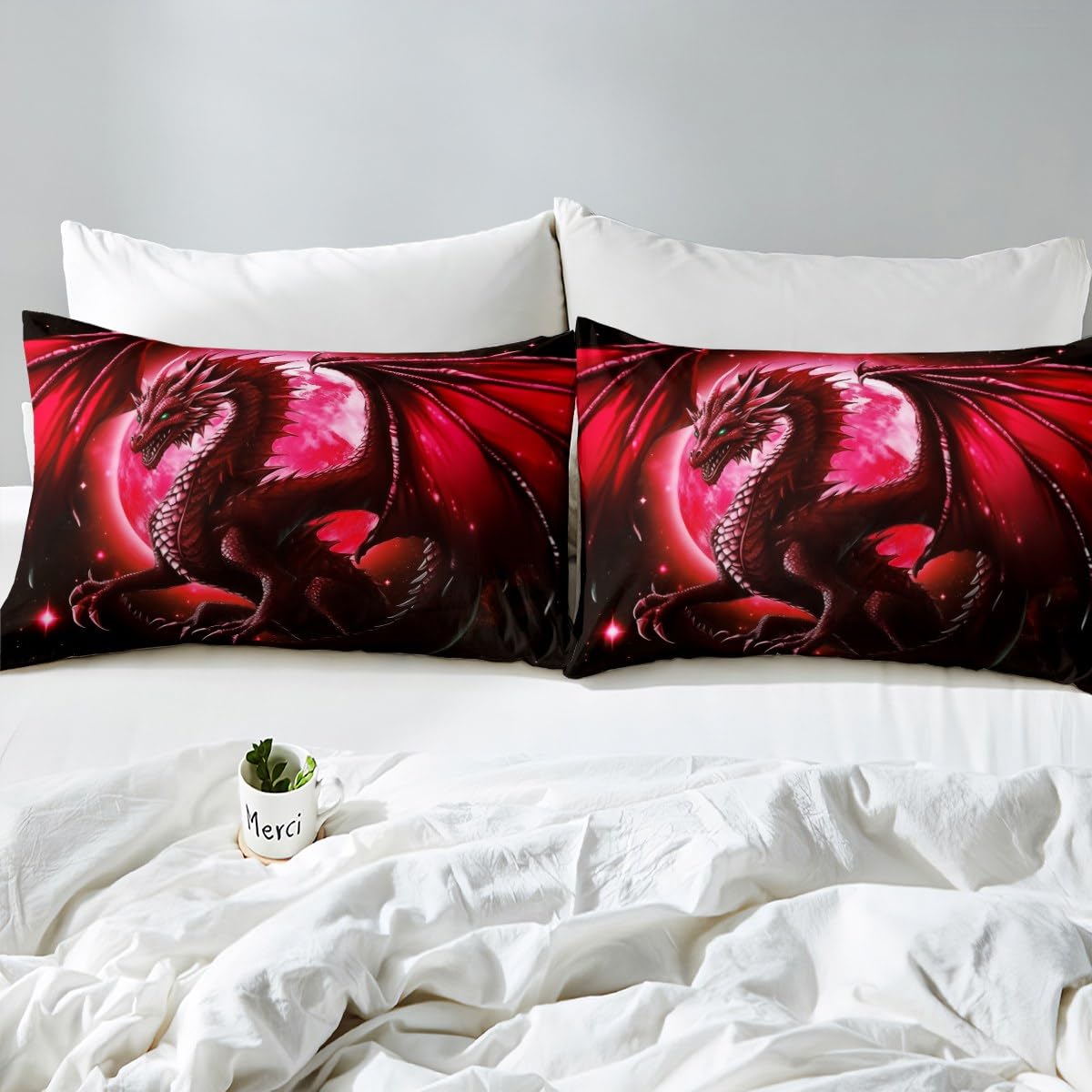 Dragon Duvet Cover Set Twin Size,Starry Sky Moon Night Bedding Set for Kids Boys Teens Women Bedroom Decor,3D Animals Comforter Cover Western Dragon Black Red Quilt Cover,1 Pillowcase