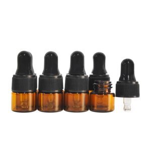 AGENIZ 50PCS Amber Glass Dropper Bottles 1ml Mini Essential Oil Dropper Bottles Glass Vials with Glass Eye Dropper for Travel Sample Vials