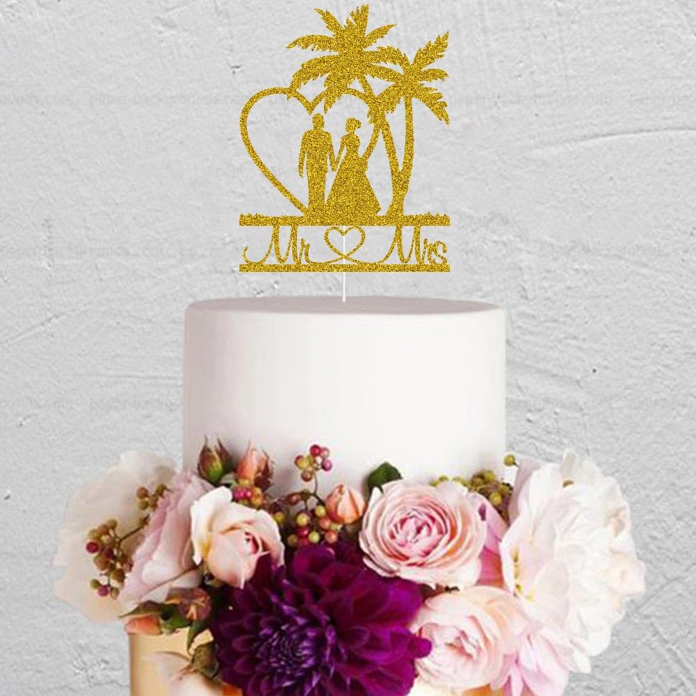 Funny Wedding Cake Topper Tropical Palm Tree Hawaii Beach Themed Wedding Party Supplies Bride & Groom with Hand in Hand Travel Theme Party Decors Gold Glitter