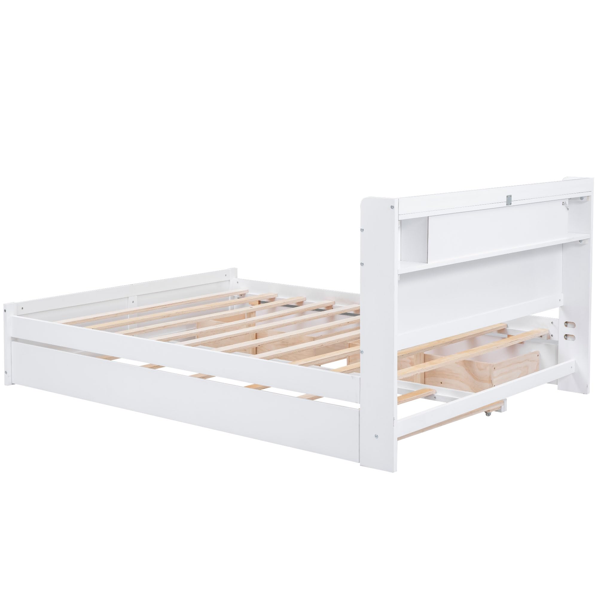 Okak Queen Size Bed Frame with Trundle - Wood Platform Bed with LED Lights Headboard 2 Storage Drawers and Twin Trundle Bed,White