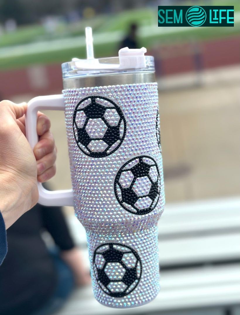 SEM LIFE 40 Oz Rhinestone Bling Tumbler with Handle and Straw (SOCCER), Stainless Steel and Double Wall Insulated