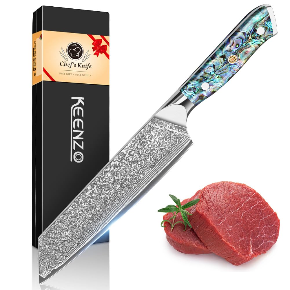 KEENZO Damascus Kiritsuke Knife 8 inch, Professional Chef Knife, Sharp Hand-Forged Kitchen Knives,Japanese 67-Layers Damascus Steel Butcher Knife,Ergonomic Handle with Gift Box