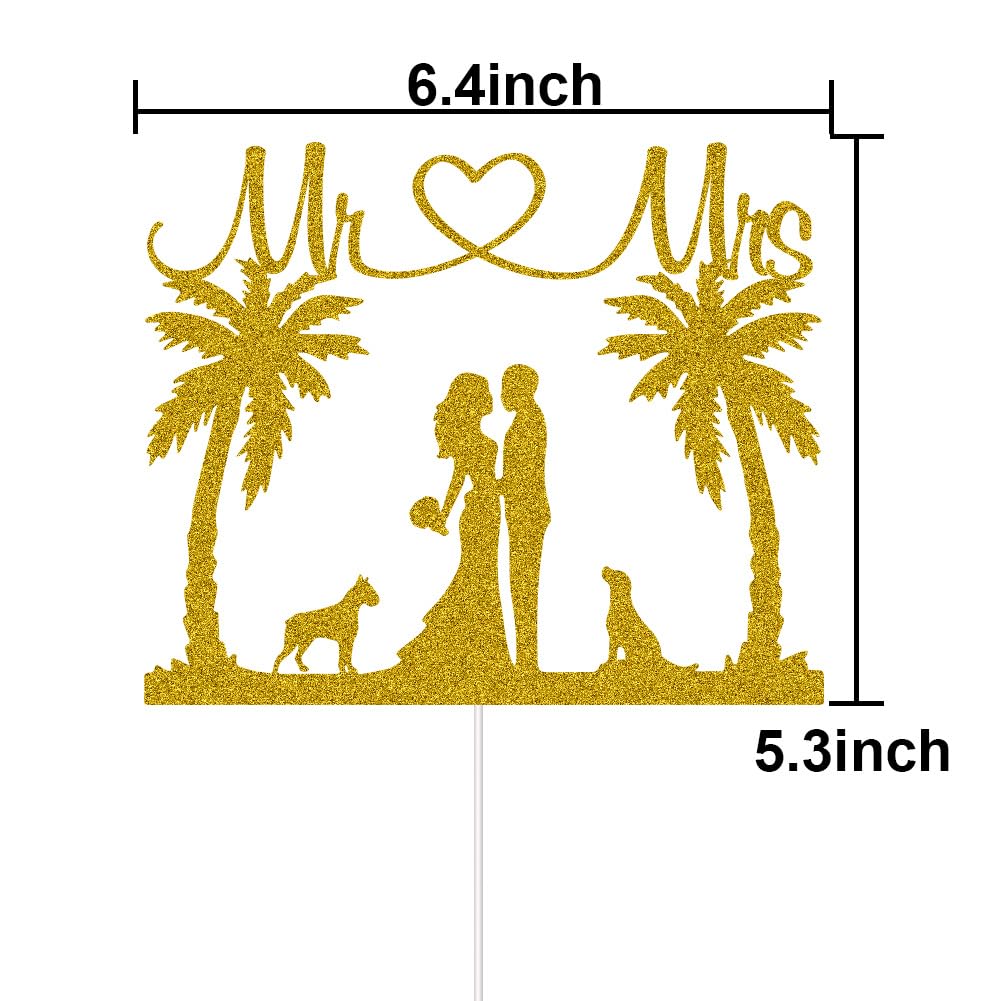 Mr & Mrs Cake Topper Tropical Wedding Cake Decorations Palm Tree Hawaii Beach Wedding Party Supplies Bride & Groom with Dogs Gold Glitter