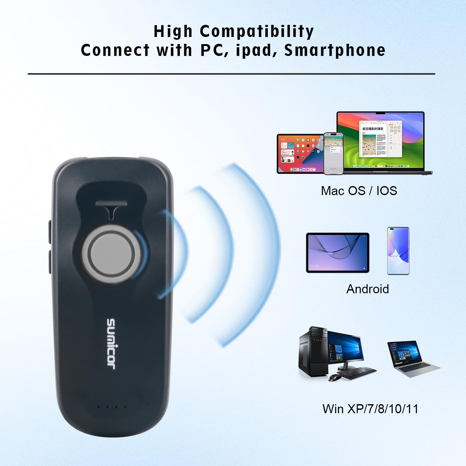 Sumicor Portable 2D Bluetooth Barcode Scanner, 1500mAh Rechargeable Battery with Level Indicator ＆ Volume Keys, 3-in-1 Bluetooth & USB Wired & 2.4G Wireless Mini QR Barcode Scanner