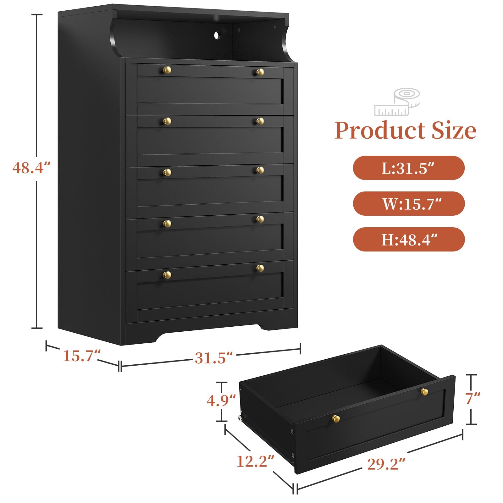 EnHomee 5 Drawer Dresser with LED, Black Dresser for Bedroom, Bedroom Dressers & Chests of Drawers, Tall Dresser with Deep Drawers for Bedroom Hallway Closet