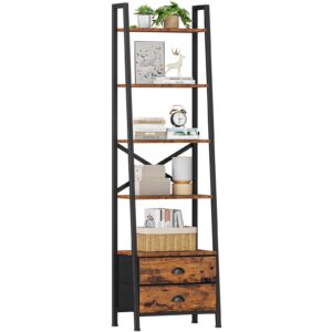 furologee 5-tier ladder shelf with 2 drawers,narrow bookshelf storage shelves,industrial bookcase freestanding shelf units for bedroom,living room,bathroom,home office,balcony,wood metal,rustic brown