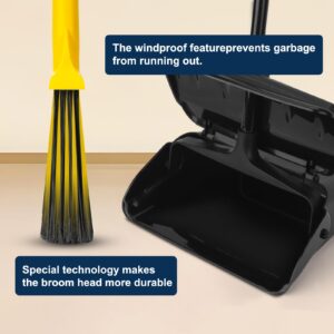 Indoor/Outdoor Heavy Duty Broom and Dustpan Set,Upright Plastic Commercial Dust Pan with 2 Brooms Perfect for Sweeping Courtyard Garage Lobby Kitchen Office Mall Market Shop Floor