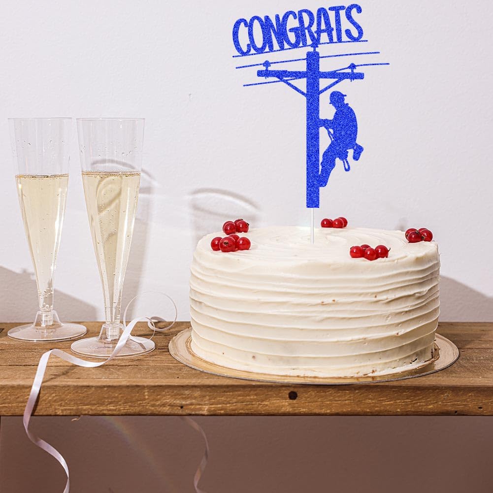 Congrats Grad Cake Topper, Congrats Electrician, Electrician Lineman Themed 2024 Graduation Party Decorations Blue Glitter