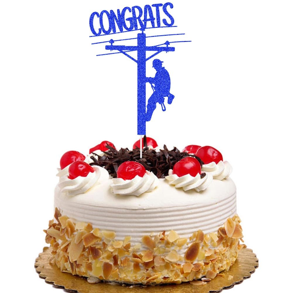 Congrats Grad Cake Topper, Congrats Electrician, Electrician Lineman Themed 2024 Graduation Party Decorations Blue Glitter